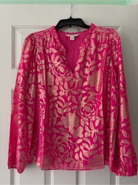 Lilly Pulitzer Hot Pink Metallic Floral V-Neck Long Sleeve Blouse